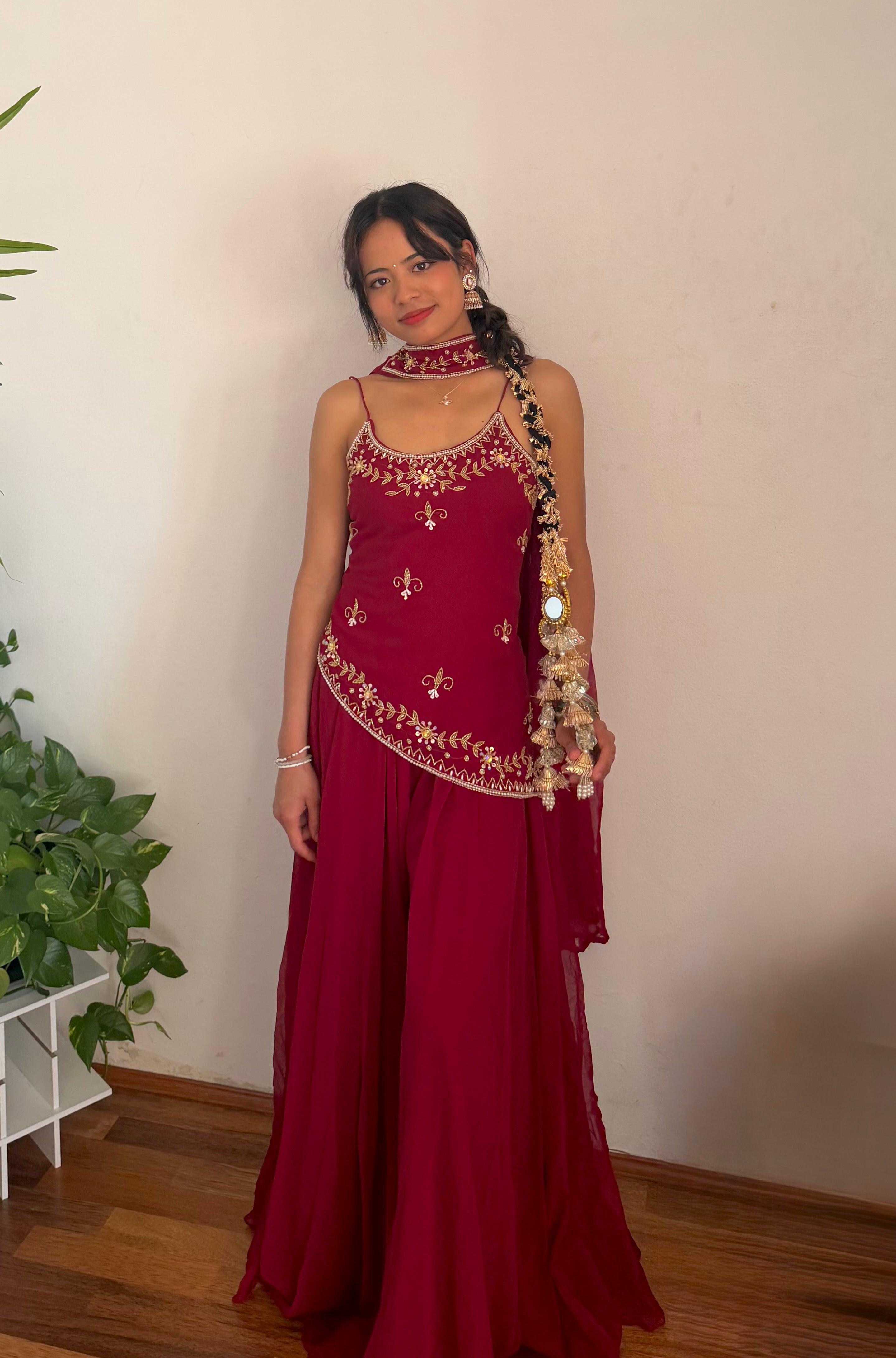 Maroon sleeveless sharara